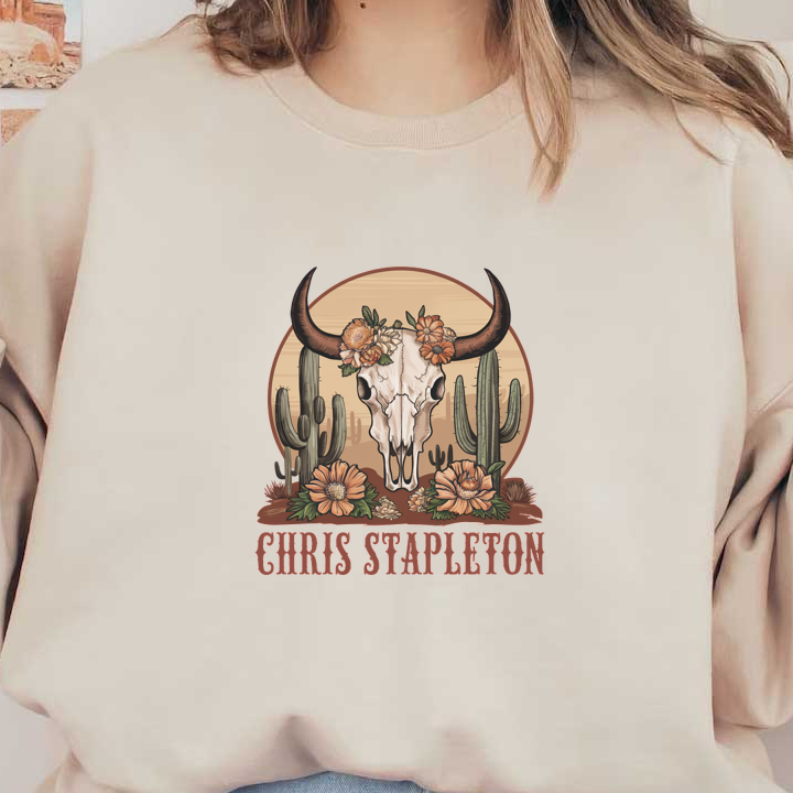 Un gráfico rústico que presenta una calavera decorada con flores y cactus, y que resalta el nombre "Chris Stapleton".