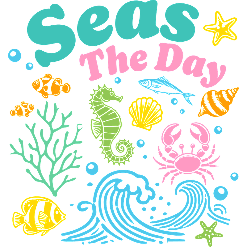 "Bright and playful ocean-themed graphic featuring marine life and inspiring text."DTF Transfers