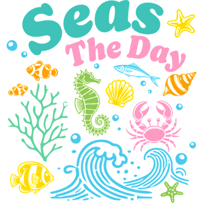 "Bright and playful ocean-themed graphic featuring marine life and inspiring text."DTF Transfers