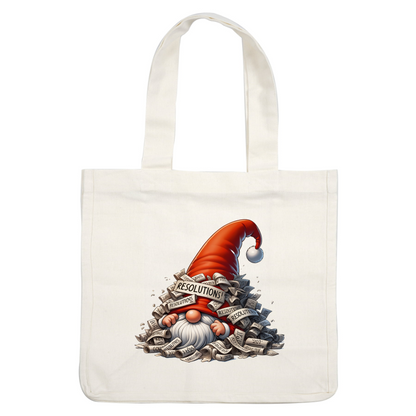 A whimsical gnome wearing a bright red hat, surrounded by a pile of scrolls labeled "RESOLUTIONS!" in a festive design.dtf regular iron