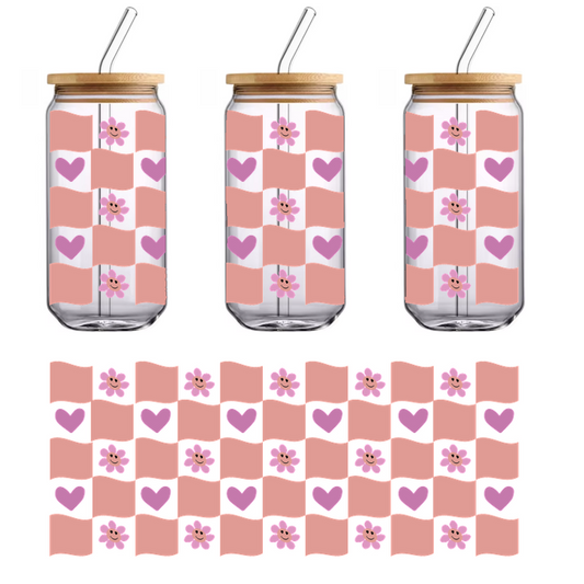 A playful pattern featuring pink hearts, cheerful flowers, and soft-colored flags, perfect for a cute and cozy decor theme.UV Transfersdtf regular iron