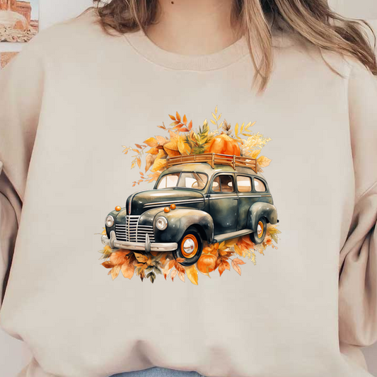 A vintage green station wagon adorned with autumn leaves and a pumpkin atop its wooden roof rack, capturing fall charm.dtf regular iron dtf transfers