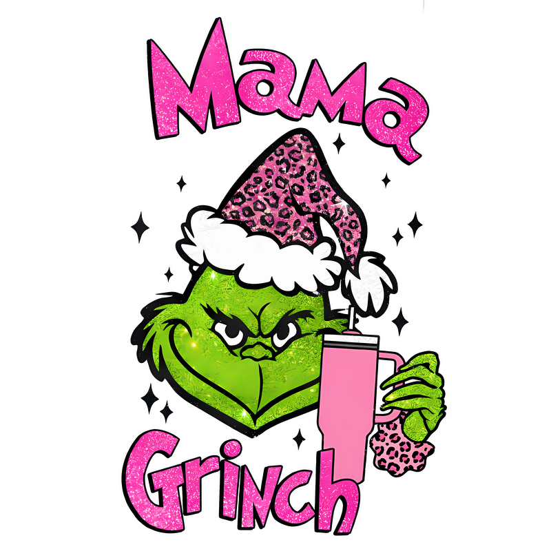 A playful design featuring the iconic Grinch with a pink leopard-print hat, holding a drink, complemented by sparkly text.DTF Transfersdtf regular iron dtf prints