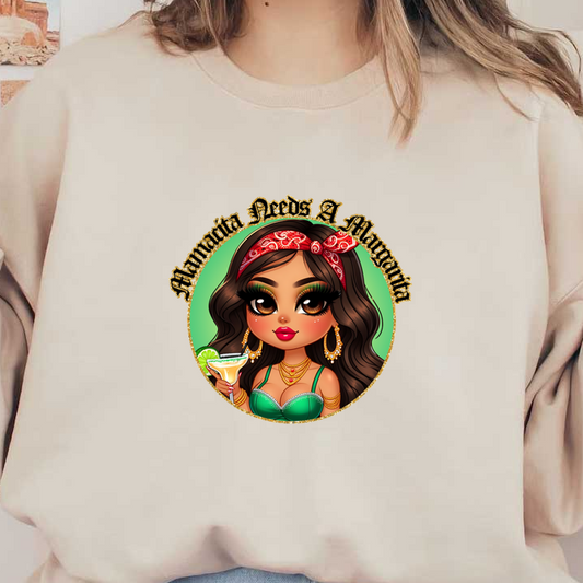 Una ilustración vibrante de una mujer elegante con un traje verde sosteniendo una margarita, con un texto que dice "Margarita necesita una margarita".