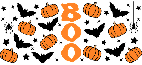 A festive and playful Halloween graphic featuring the word "BOO" surrounded by cheerful orange pumpkins.UV Transfers dtf transfers