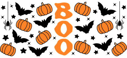 A festive and playful Halloween graphic featuring the word "BOO" surrounded by cheerful orange pumpkins.UV Transfers dtf transfers