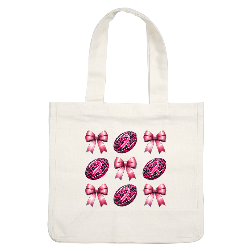 A cheerful pattern featuring pink bows and leopard print eggs adorned with pink ribbons, celebrating breast cancer awareness.dtf regular iron