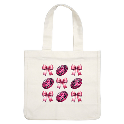 A cheerful pattern featuring pink bows and leopard print eggs adorned with pink ribbons, celebrating breast cancer awareness.dtf regular iron