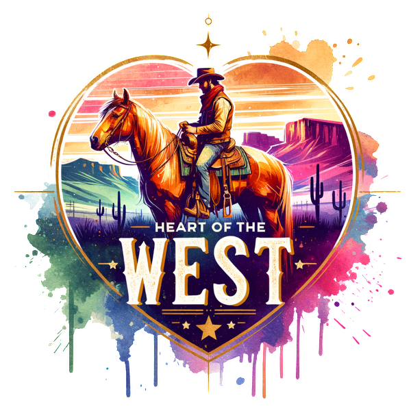 A vibrant illustration featuring a cowboy on horseback within a heart shape, celebrating the Western spirit of adventure. dtf prints