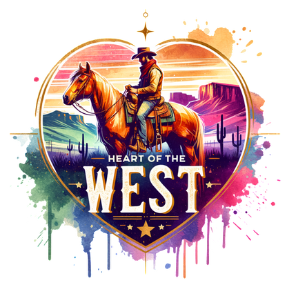 A vibrant illustration featuring a cowboy on horseback within a heart shape, celebrating the Western spirit of adventure. dtf prints