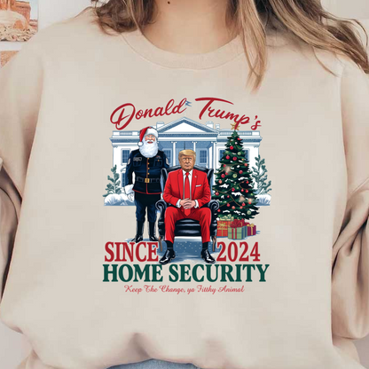 A humorous Christmas-themed design featuring a character in a red suit, flanked by Santa and a soldier, with festive decorations.DTF Transfers heat press transfers dtf transfers