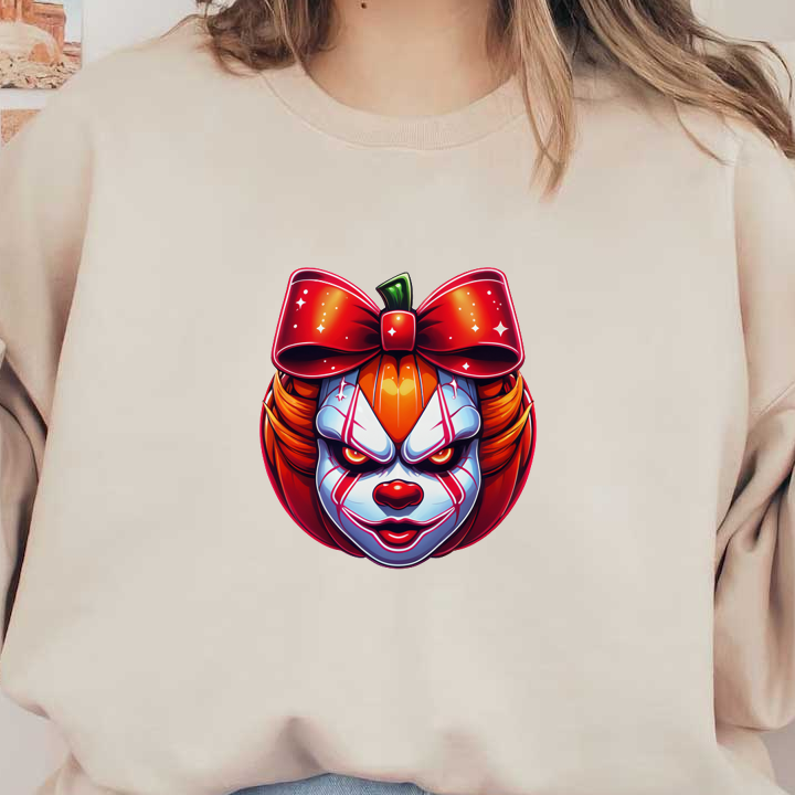 Una ilustración vibrante y espeluznante de una cara de payaso combinada con una calabaza, adornada con un gran lazo rojo.