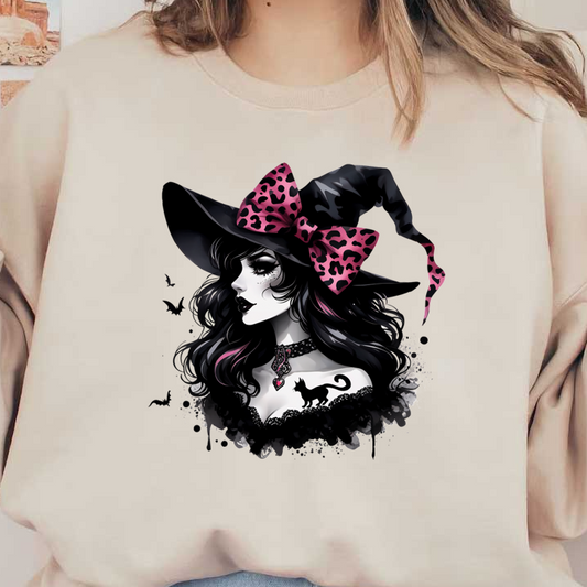 Un elegante personaje de bruja con cabello largo y negro, un sombrero puntiagudo negro y un lazo con estampado de leopardo rosa, que presenta una silueta de gato negro.