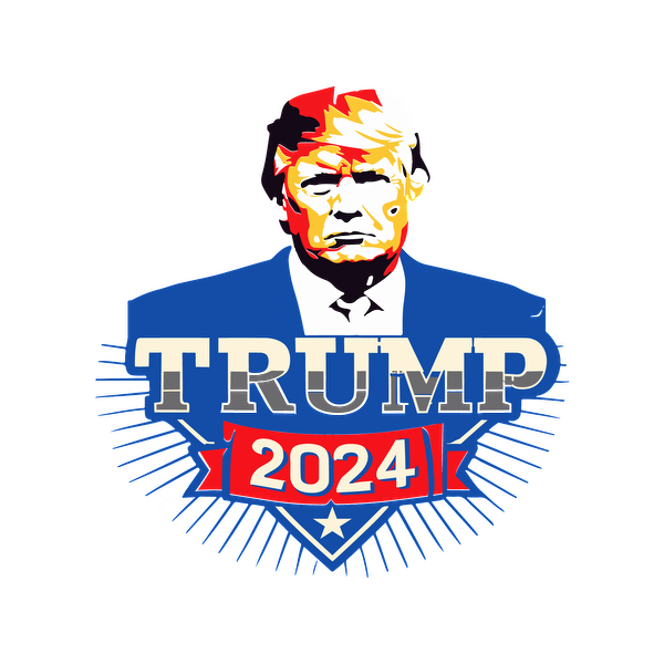 Un gráfico vibrante que presenta un retrato estilizado de Donald Trump con un texto en negrita que dice "TRUMP 2024", sobre un fondo azul.