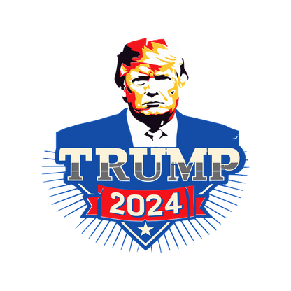 Un gráfico vibrante que presenta un retrato estilizado de Donald Trump con un texto en negrita que dice "TRUMP 2024", sobre un fondo azul.