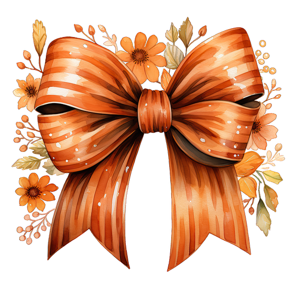 A vibrant orange ribbon bow adorned with floral accents, perfect for adding a cheerful touch to gifts or decorations. dtf prints