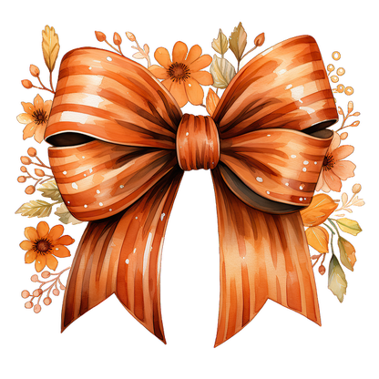 A vibrant orange ribbon bow adorned with floral accents, perfect for adding a cheerful touch to gifts or decorations. dtf prints