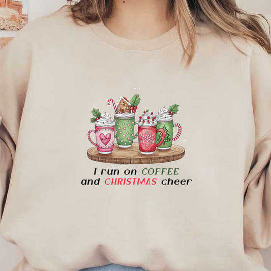 Festive coffee mugs adorned with holiday designs and topped with whipped cream, perfect for a cozy Christmas vibe.dtf regular iron