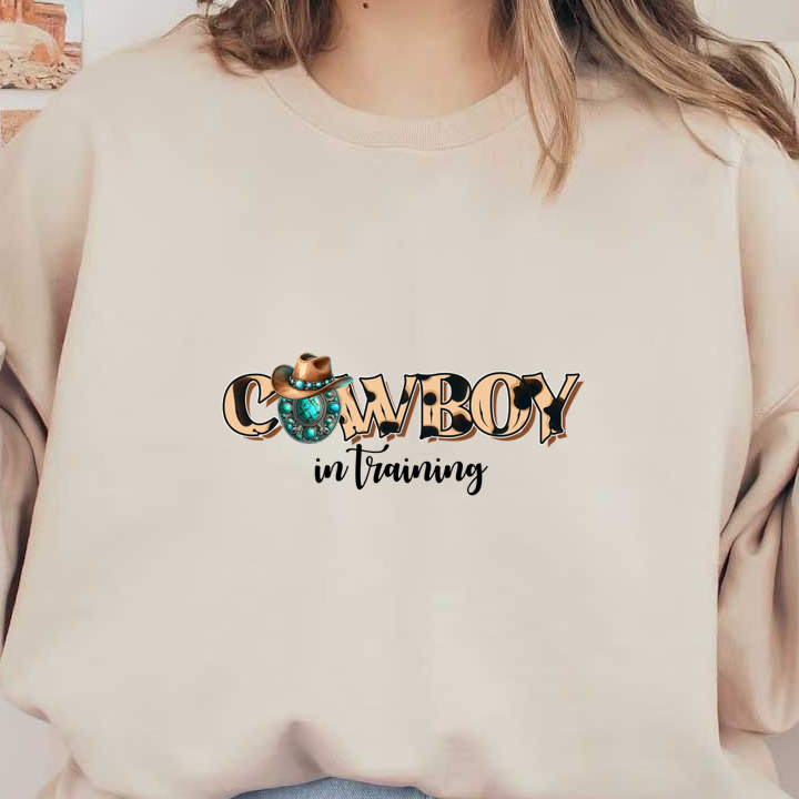 Un logotipo "COWBOY" colorido y estilizado con un sombrero de vaquero y detalles en turquesa, perfecto para diseños con temática del oeste.