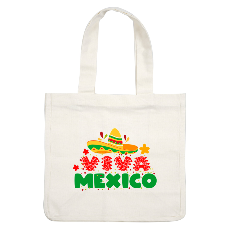 Una ilustración vibrante y colorida que presenta un sombrero y las palabras "Viva México" en letras divertidas y festivas.