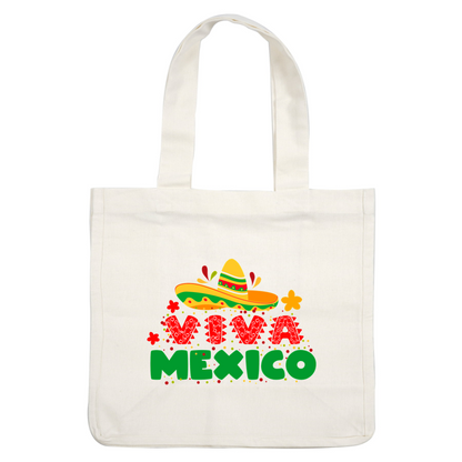 Una ilustración vibrante y colorida que presenta un sombrero y las palabras "Viva México" en letras divertidas y festivas.