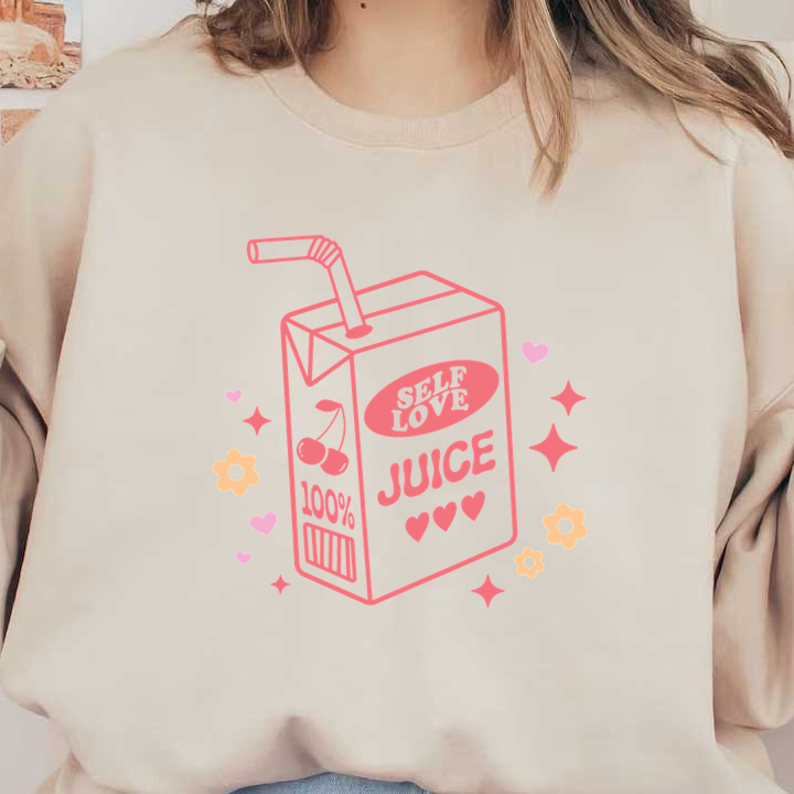 Un diseño de cartón de jugo divertido que presenta "Self Love Juice" con lindos detalles de cereza y un fondo colorido y caprichoso.