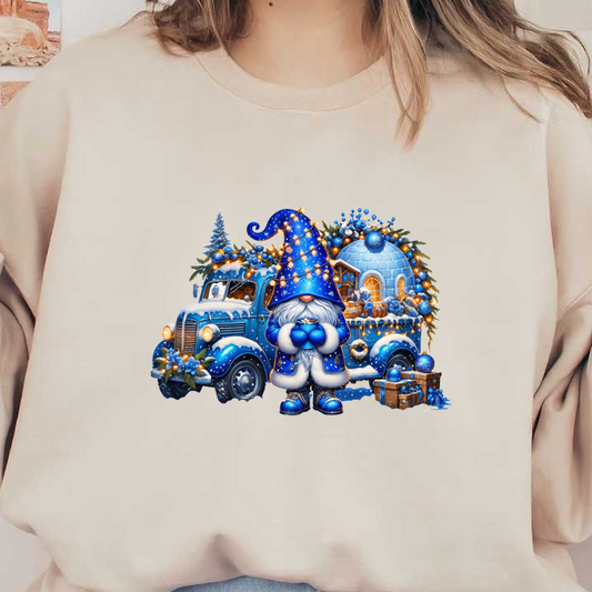 A whimsical winter scene featuring a blue truck adorned with Christmas decorations and a gnome holding festive ornaments.DTF Transfers heat press transfers