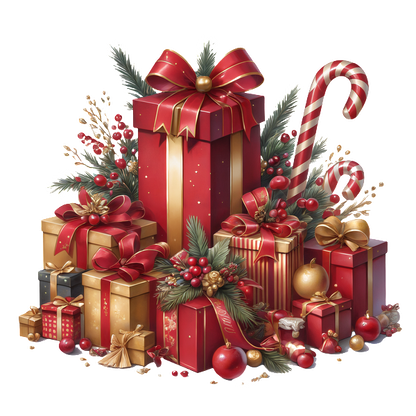 A festive arrangement of beautifully wrapped Christmas gifts in vibrant red and gold, adorned with greenery and candy canes. dtf transfers