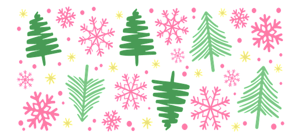 A festive pattern featuring green Christmas trees, pink snowflakes, and cheerful yellow dots, perfect for holiday decorations!UV Transfers dtf transfers