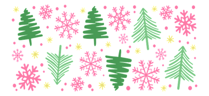 A festive pattern featuring green Christmas trees, pink snowflakes, and cheerful yellow dots, perfect for holiday decorations!UV Transfers dtf transfers