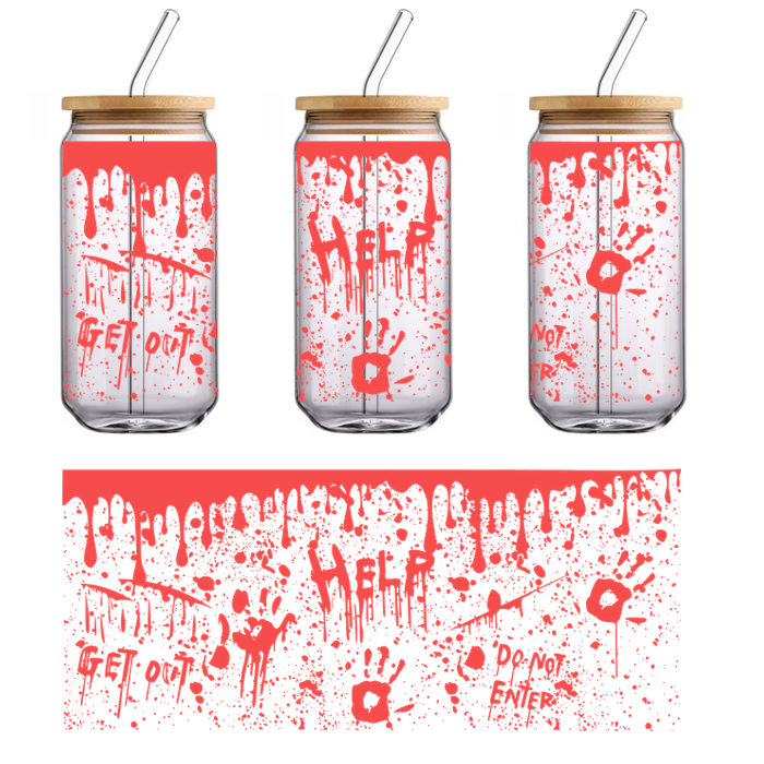 A chilling artwork featuring splattered red paint with eerie messages like "HELP", "GET OUT", and "DO NOT ENTER."UV Transfersdtf regular iron