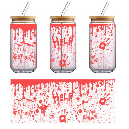 A chilling artwork featuring splattered red paint with eerie messages like "HELP", "GET OUT", and "DO NOT ENTER."UV Transfersdtf regular iron