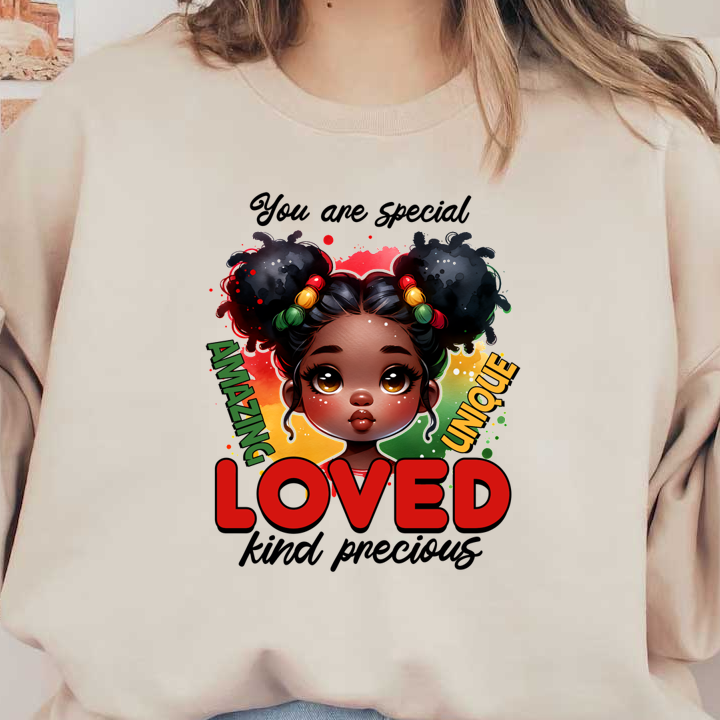 A colorful digital illustration of a girl with natural hair, featuring the words "AMAZING," "LOVED," and "UNIQUE" in vibrant letters. dtf transfers