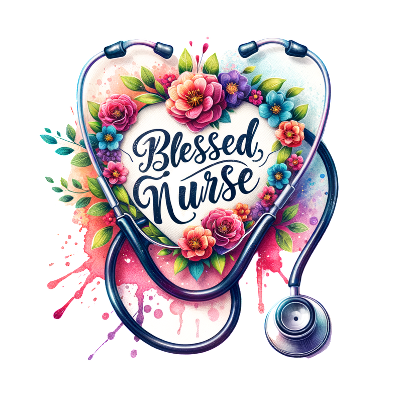 A colorful and floral "Blessed Nurse" design featuring a stethoscope, celebrating the nursing profession with vibrant artistry.DTF Transfers