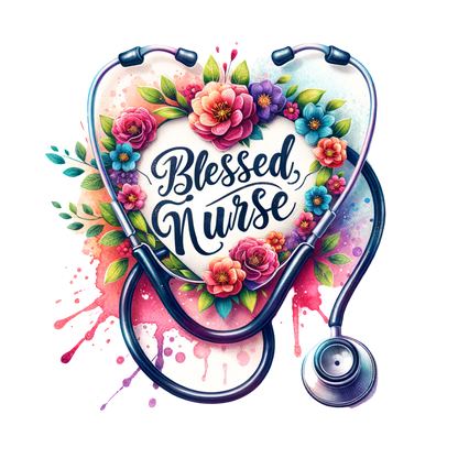 A colorful and floral "Blessed Nurse" design featuring a stethoscope, celebrating the nursing profession with vibrant artistry.DTF Transfers