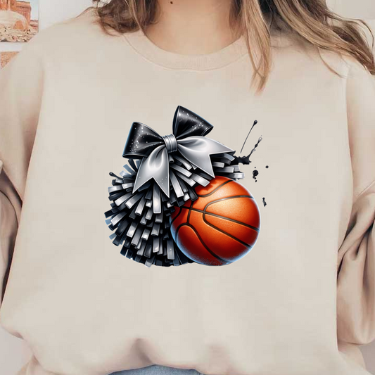 Una ilustración vibrante que presenta una pelota de baloncesto adornada con un pompón y un lazo de animadora en negro y plata brillante, que muestra el espíritu de equipo. Transferencias DTF