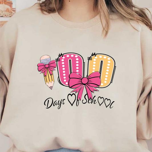 Celebrate with this playful design featuring a pencil and vibrant bows, showcasing a cheerful "100" in bright colors!DTF Transfers