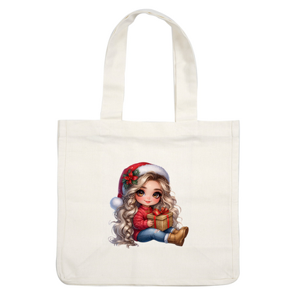 A cheerful girl with long, wavy hair and a Santa hat holds a beautifully wrapped gift, ready for the holidays.DTF Transfers heat press transfers