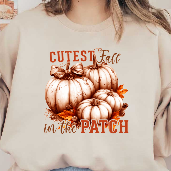 A charming illustration featuring soft, decorative pumpkins with a bow, surrounded by autumn leaves, celebrating fall with style. dtf prints