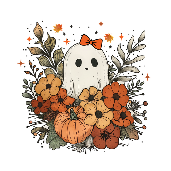 A cute ghost adorned with a bright bow, surrounded by vibrant autumn flowers and a pumpkin, captures a festive fall spirit. dtf prints