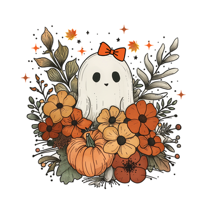 A cute ghost adorned with a bright bow, surrounded by vibrant autumn flowers and a pumpkin, captures a festive fall spirit. dtf prints