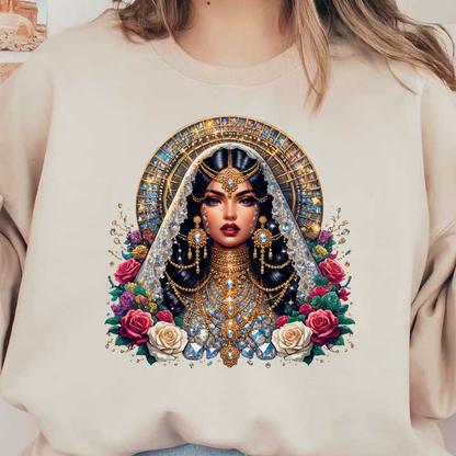 A beautifully detailed illustration of a woman adorned in intricate gold jewelry and a veil, surrounded by vibrant roses and floral accents.dtf regular iron