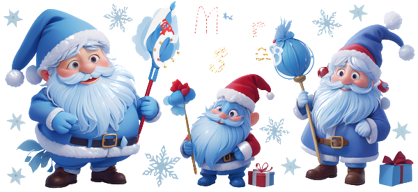 A cheerful collection of cartoon Santa Clauses in various outfits, showcasing playful expressions and festive decorations like presents and ornaments.UV Transfers dtf prints