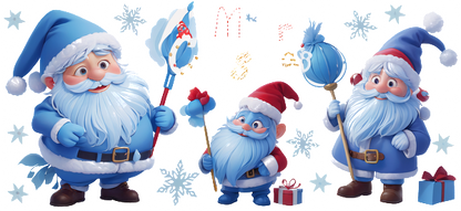 A cheerful collection of cartoon Santa Clauses in various outfits, showcasing playful expressions and festive decorations like presents and ornaments.UV Transfers dtf prints