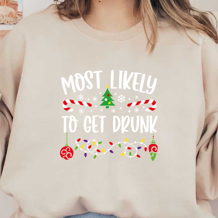 A playful holiday-themed design featuring the phrase "Most Likely to Get Drunk," adorned with festive elements like candy canes, a Christmas tree, and lights.DTF Transfersdtf regular irondtf regular iron