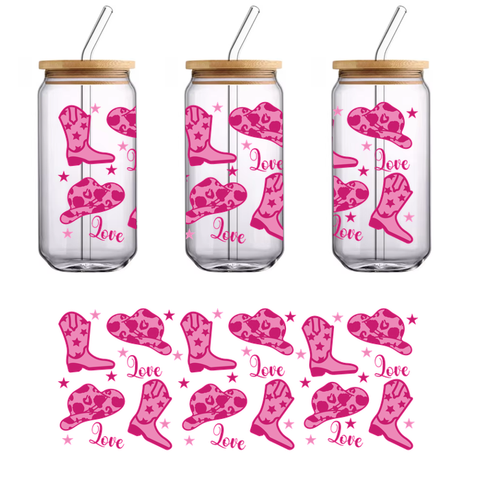 A playful pattern featuring pink cowboy boots, heart-shaped hats, and the word "Love" with star accents.UV Transfers dtf transfers