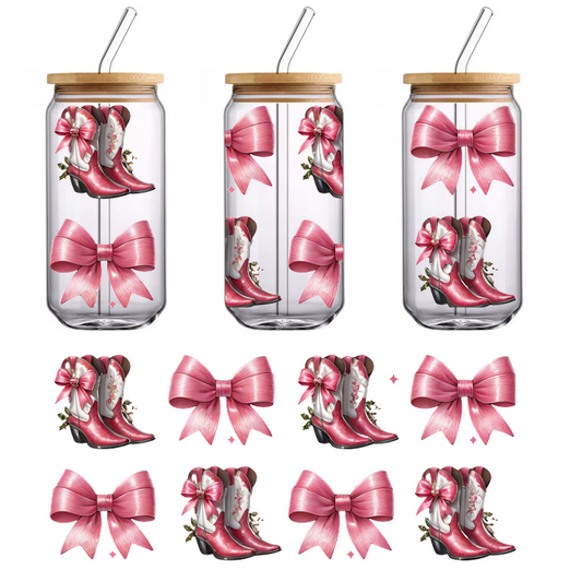 A playful arrangement of pink embellished cowboy boots paired with matching large pink bows, perfect for a fun, festive look.UV Transfers dtf prints