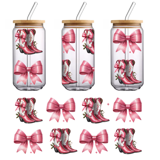 A delightful array of pink cowboy boots adorned with bows, showcasing a fun and playful country style.UV Transfers dtf transfers