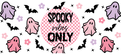 A playful and colorful "Spooky Vibes Only" design featuring cute ghosts and flowers, perfect for Halloween fun!UV Transfersdtf regular iron