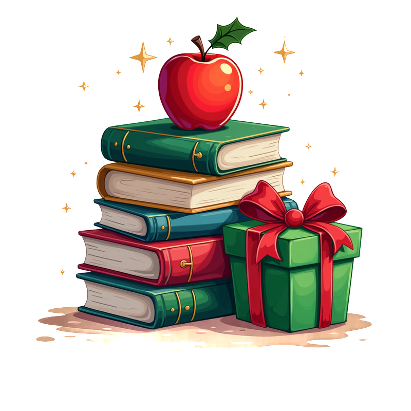 A whimsical stack of colorful books topped with a shiny red apple and a festive green gift with a red ribbon.DTF Transfers